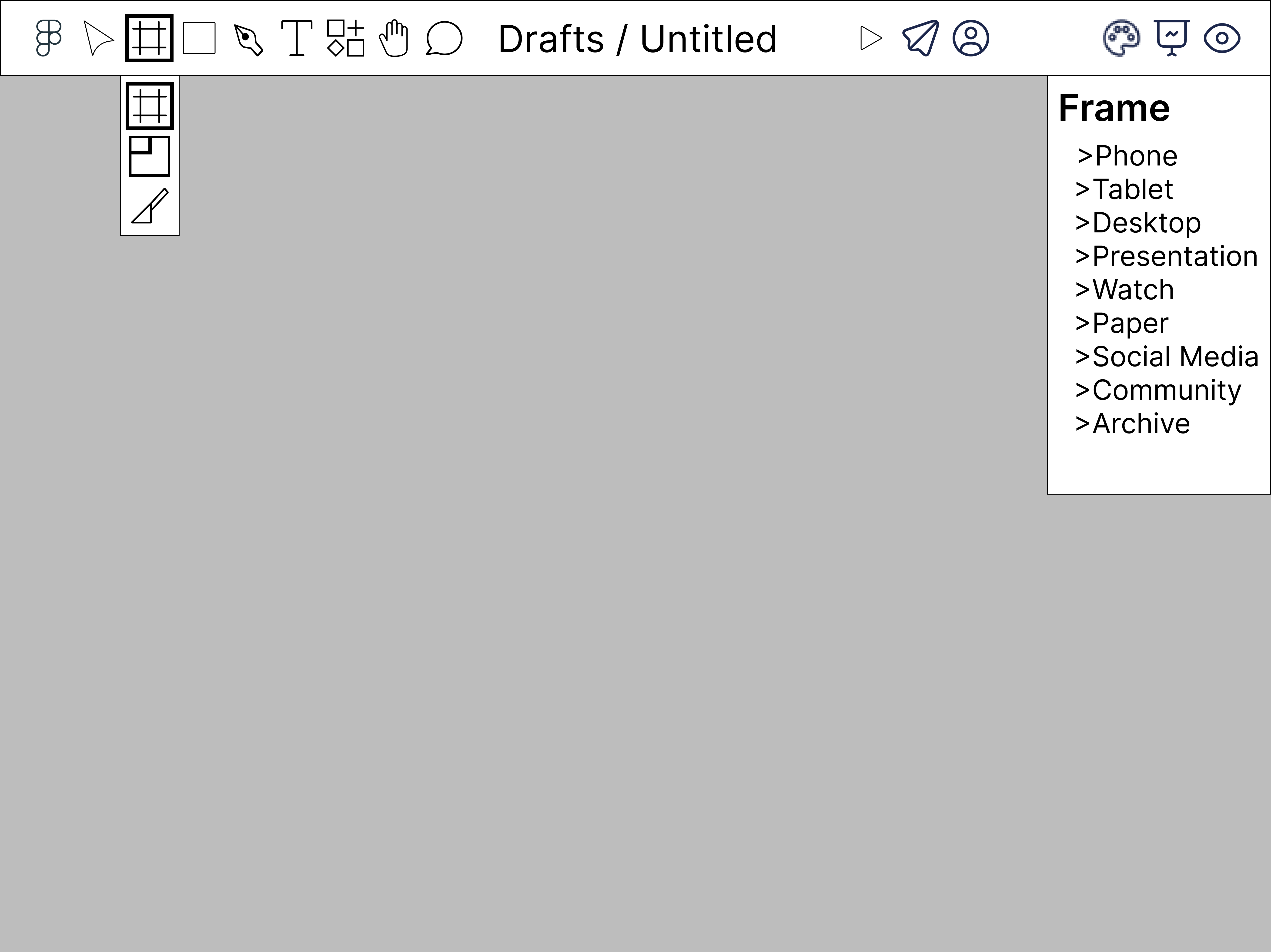 lofi prototype depicting selection of frame tool with dropdown menu open